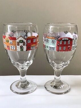 Vintage Libbey Glass Goblets Christmas Town Winter Village Holiday Main Street